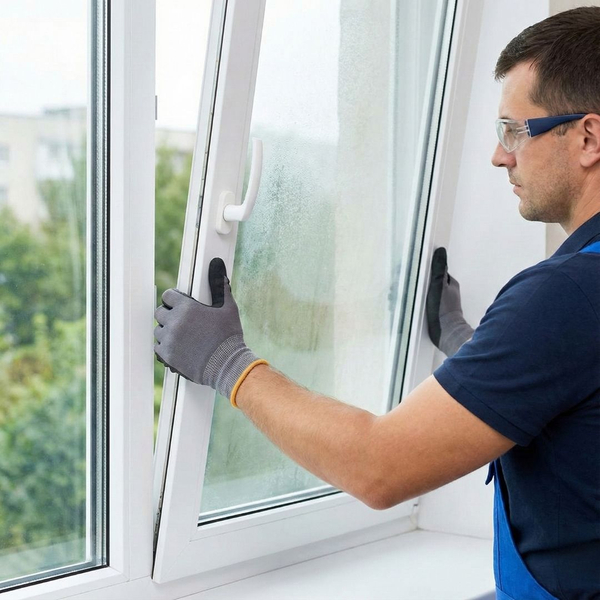 A professional glazier carefully removes the old, foggy glass unit from a white window frame.