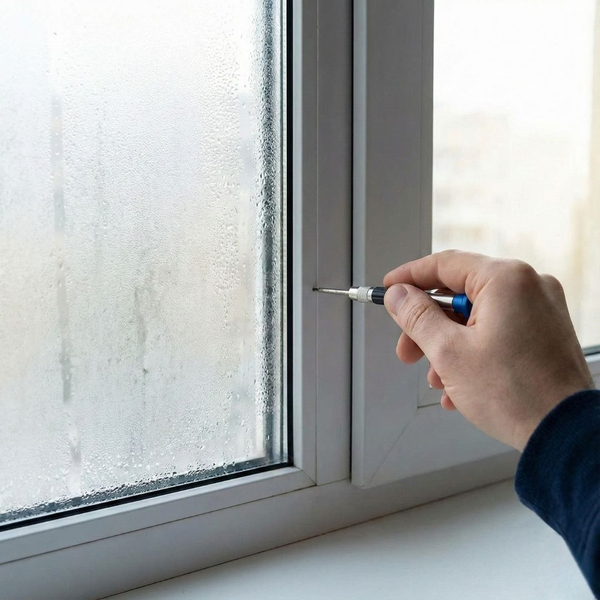 A hand holds a small tool near a foggy window frame, attempting a temporary repair.