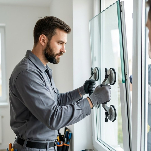 A focused glazier in a gray uniform shirt carefully sets a large pane of insulated glass into a white residential window frame using precision tools.