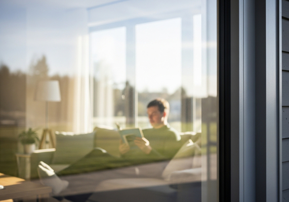 Man Reading on Couch Seen Through Window