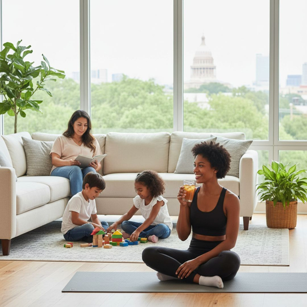 a family sitting in a living room comfortably surrounded by windows