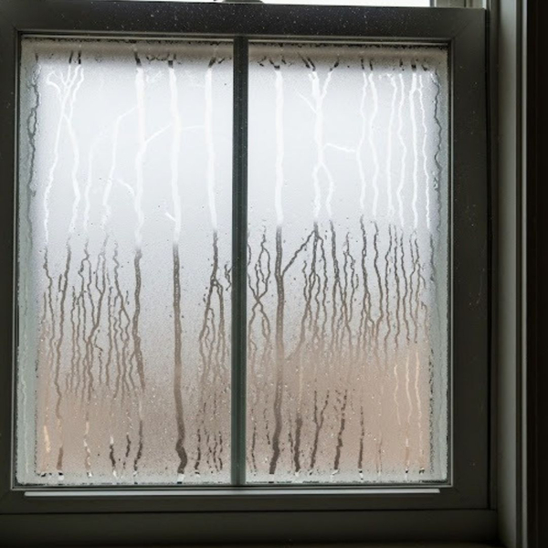 Moisture and fog trapped between the two layers of an insulated glass window, indicating a broken seal. Moisture and fog trapped between the two layers of an insulated glass window, indicating a broken seal.