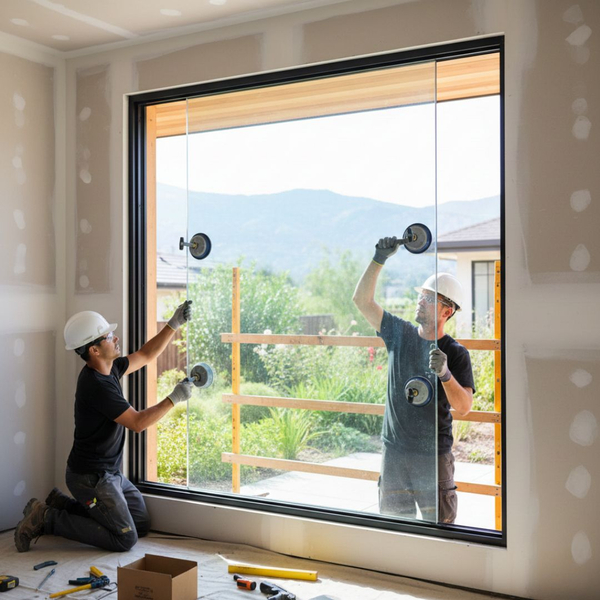 two workers installing a portion of a large window in a new construction