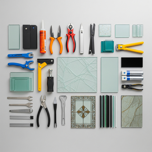 Various tools and pieces of glass laid out on a clean surface, representing the comprehensive nature of glass repair services in Austin.