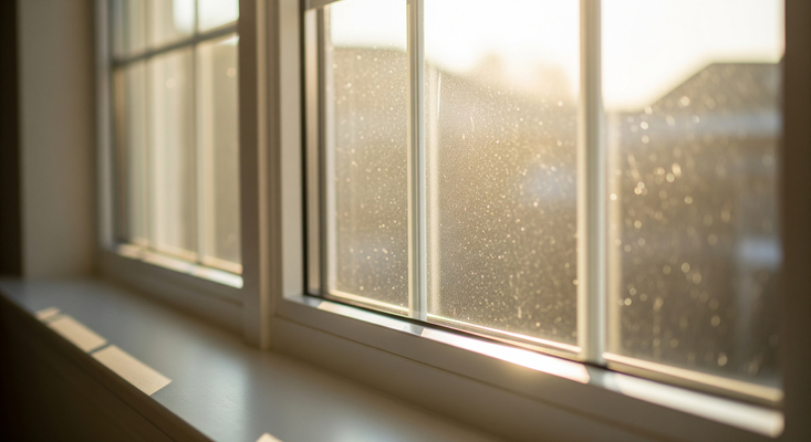A clear window with sunlight streaming through, showing no condensation