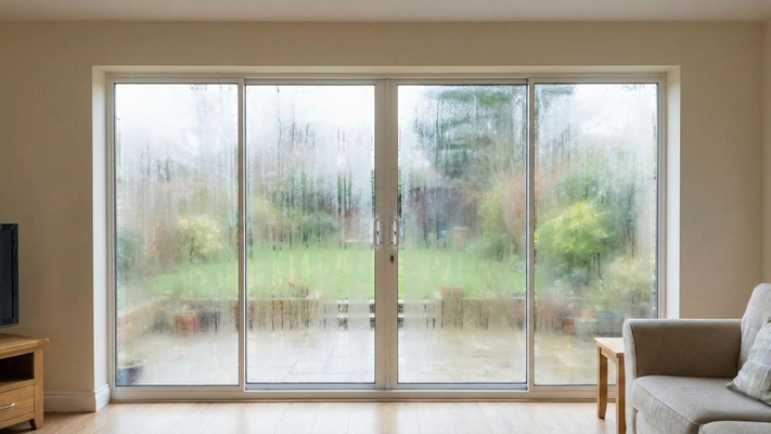 A large living room window with significant condensation and fog between its double panes.