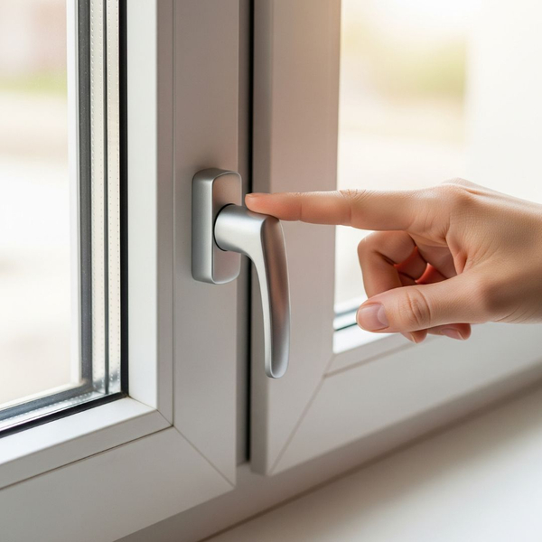 A person tests the locking mechanism on a residential window. A person tests the locking mechanism on a residential window.