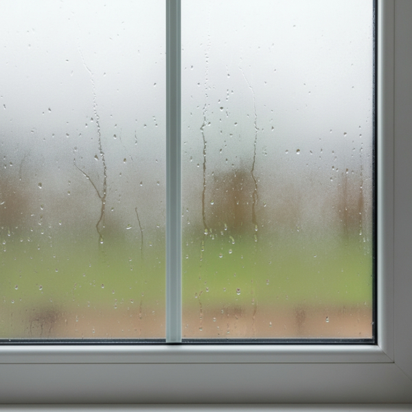Close-up on a double-pane window showing trapped moisture