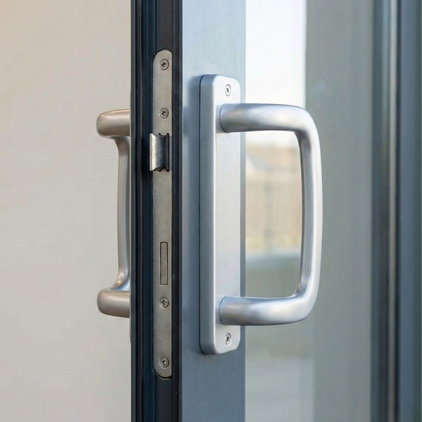 Close-up of a secure lock on a sliding glass door.