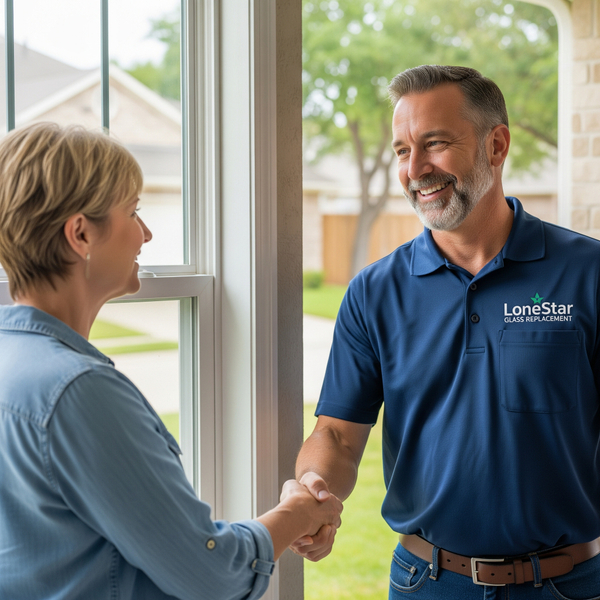 A friendly LoneStar Glass Replacement technician shaking hands with a homeowner in front of a newly installed window, highlighting local service and trust.