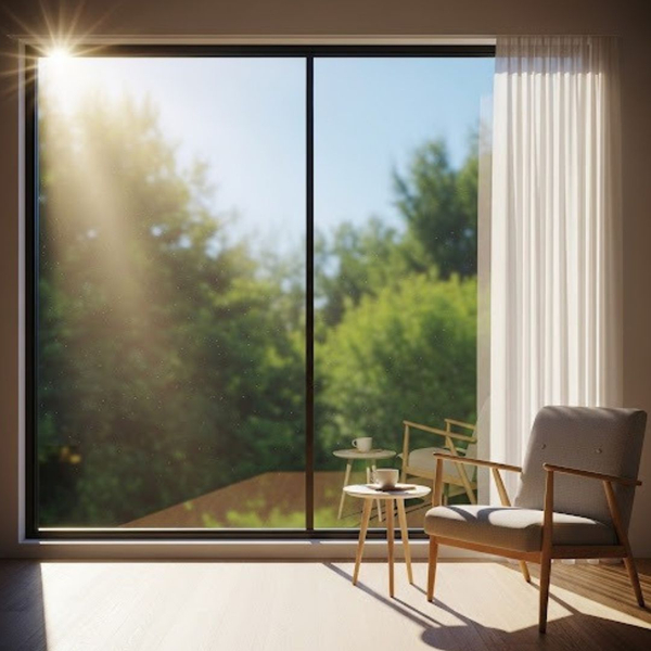 Bright, clean sunlight shines through a modern, energy-efficient Low-E glass window. Bright, clean sunlight shines through a modern, energy-efficient Low-E glass window.