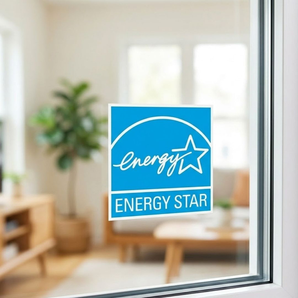 A clear close-up photograph of a simple, recognizable Energy Star logo sticker placed on a clean glass pane, ensuring the product meets rigorous energy-efficient standards.