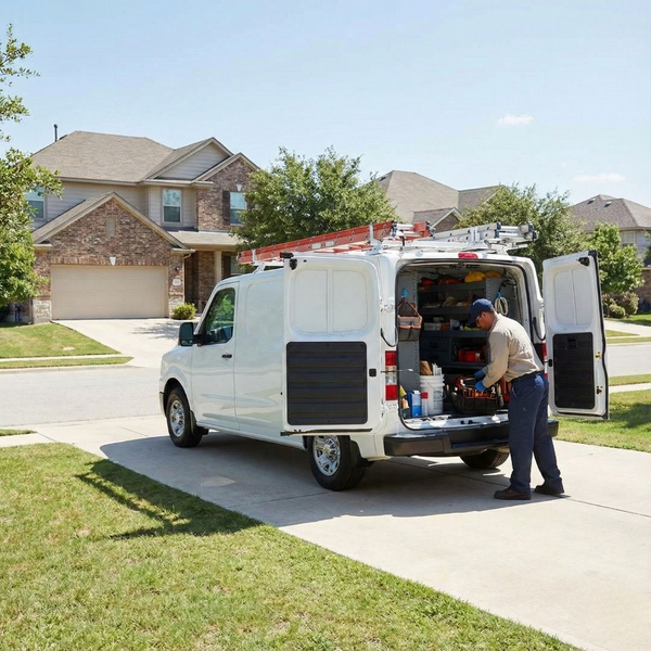 A service van parked outside a residential home with a technician retrieving tools.