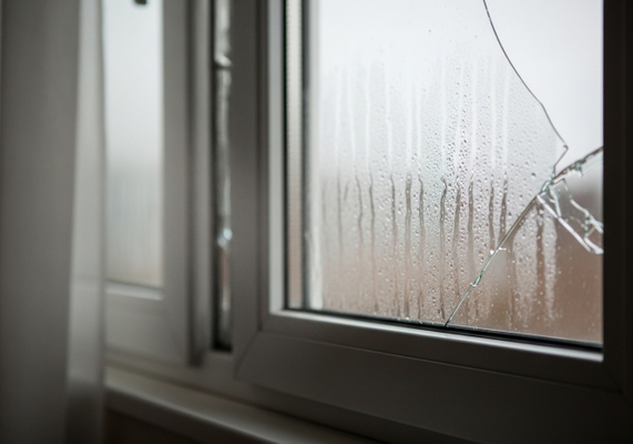 Broken window with condensation