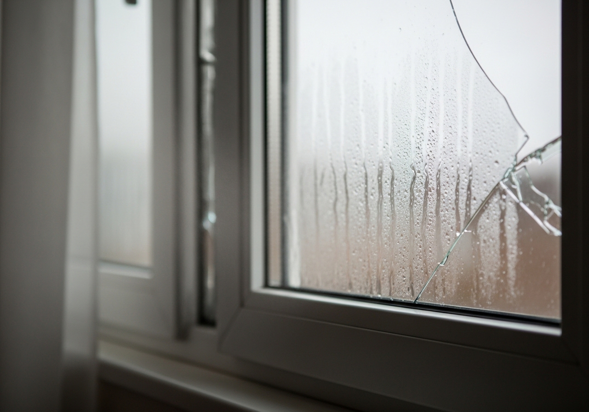 Broken window with condensation