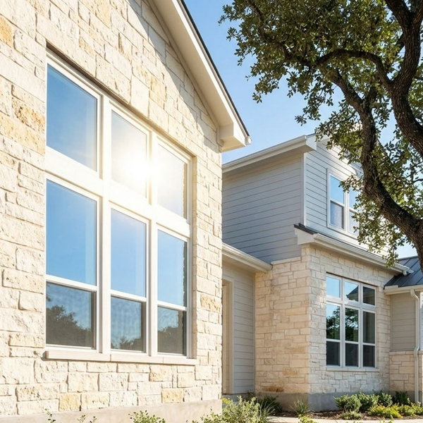 An exterior view of a limestone home in Austin showing the bright, sun-drenched southern exposure contrasted against a shady area with mature oak trees.