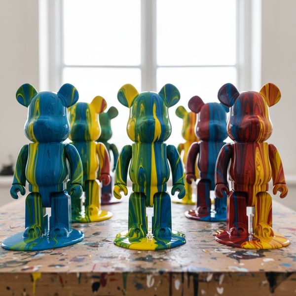A row of partially painted bear figures drying on a table. A row of partially painted bear figures drying on a table.