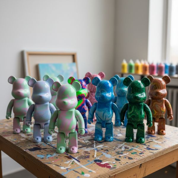 Multiple acrylic bear figures painted in different color themes