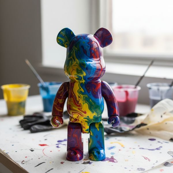 a fluid-painted acrylic bear figure with swirling colors in vibrant patterns