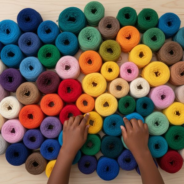Overhead view of hands arranging spools of brightly colored yarn Overhead view of hands arranging spools of brightly colored yarn