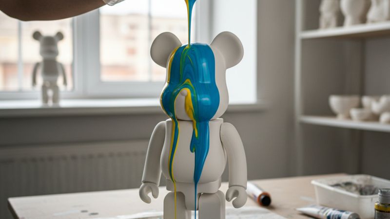 Pouring blue paint on a Bearbrick