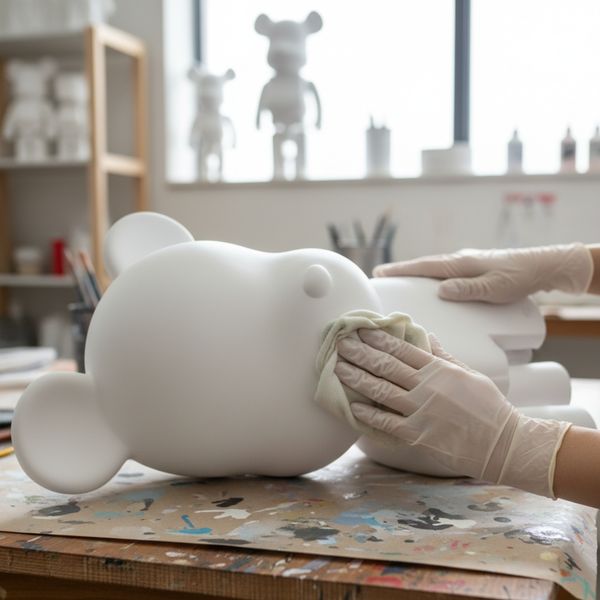 Gloved hand wiping down a Bearbrick Gloved hand wiping down a Bearbrick
