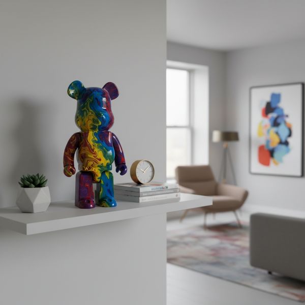 a fluid bear displayed on a modern shelf with plants or small decor pieces around it