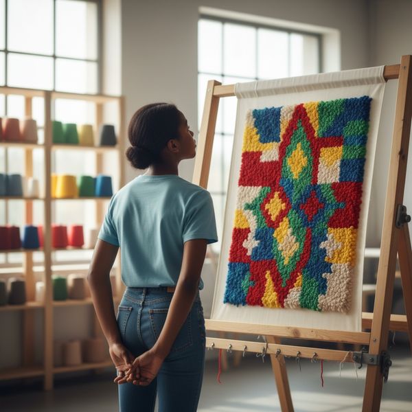 A person standing in front of a large tufting frame, admiring a complex rug design A person standing in front of a large tufting frame, admiring a complex rug design