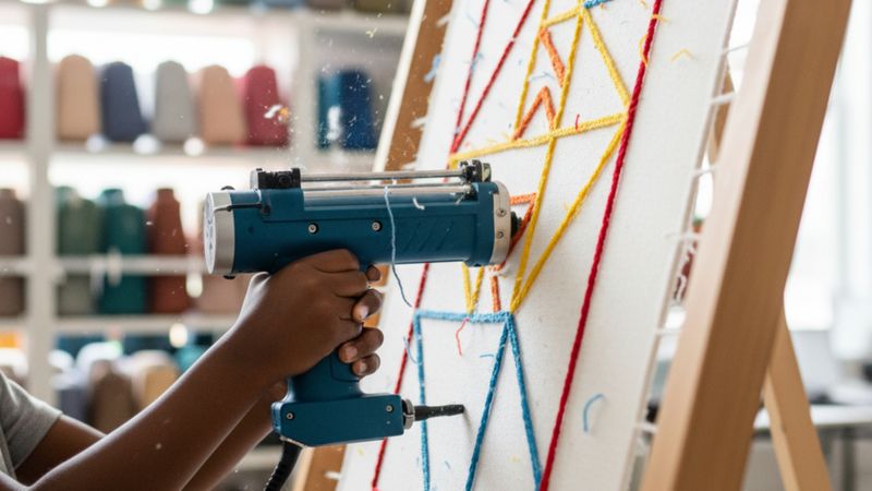 Hands operating a tufting gun to create a colorful, geometric rug pattern on a large wooden frame in a bright art studio. Hands operating a tufting gun to create a colorful, geometric rug pattern on a large wooden frame in a bright art studio.