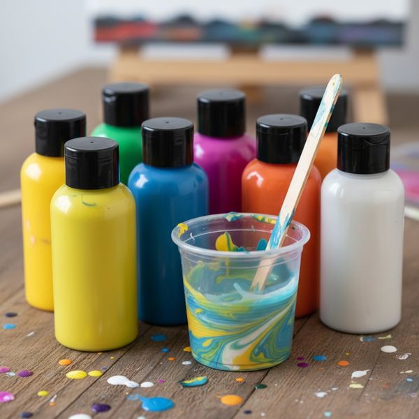 Bottles of colorful liquid acrylic paint next to a mixing cup. Bottles of colorful liquid acrylic paint next to a mixing cup.