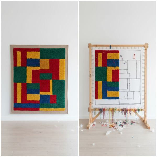 A finished, trimmed, custom tufted rug hanging on a wall next to the original design still on the tufting frame A finished, trimmed, custom tufted rug hanging on a wall next to the original design still on the tufting frame