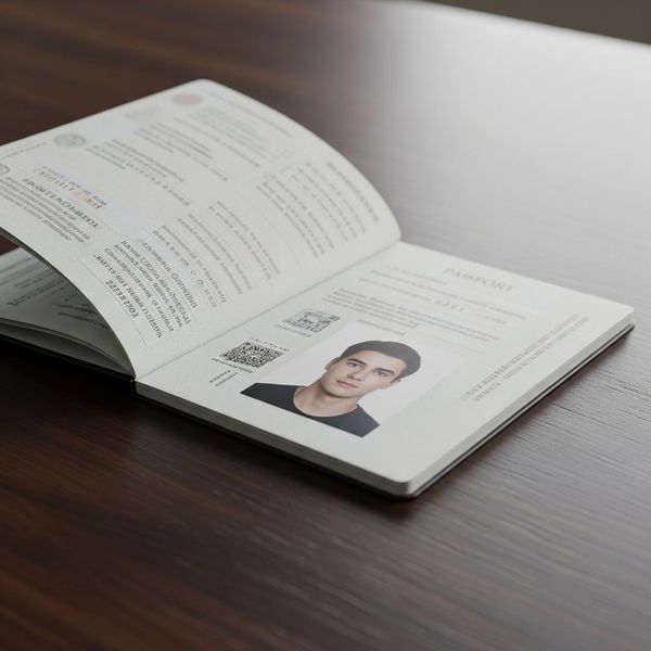 A clear, perfectly sized passport photo within an open passport book. A clear, perfectly sized passport photo within an open passport book.