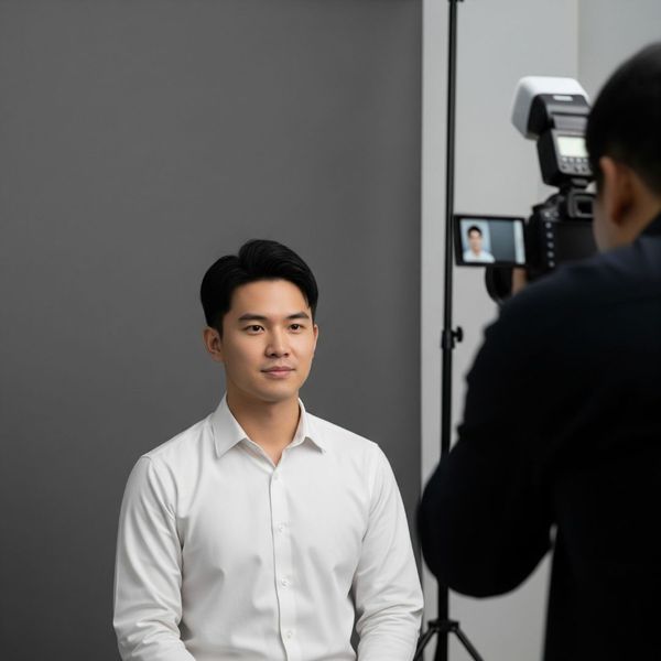 A person getting a passport photo taken in a professional setting A person getting a passport photo taken in a professional setting
