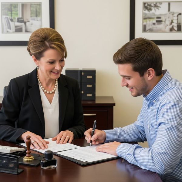 A notary public assisting a client with document signing A notary public assisting a client with document signing