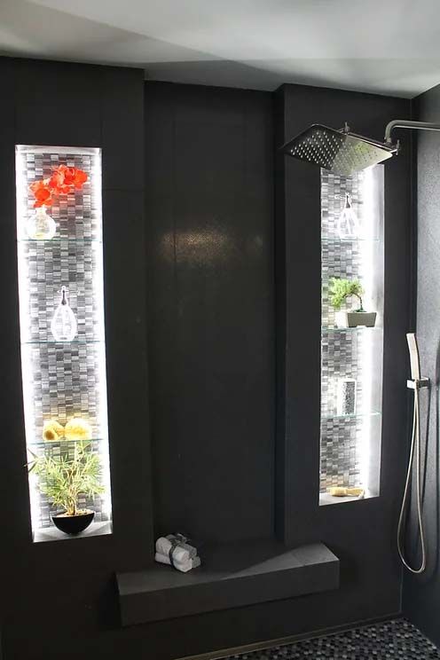  Luxury Bathroom Shower with Custom Illuminated Niches and Rich Black Tile