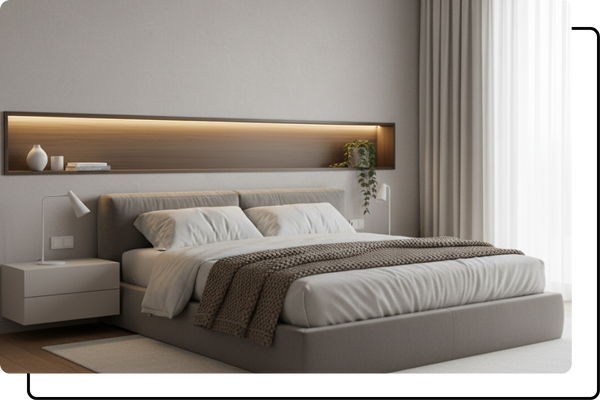 A modern bedroom featuring a long, horizontal LED niche built into the wall above the bed, functioning as an ambient headboard light.