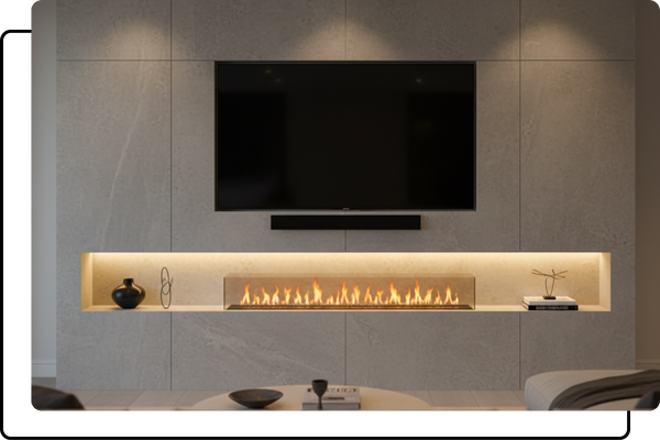 A modern media wall with a linear electric fireplace and a custom-sized, illuminated LED niche built in above it, serving as a contemporary mantelpiece.