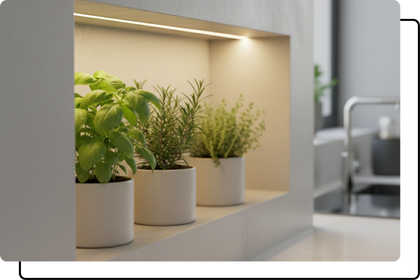 A close-up of a modern kitchen counter with a custom LED niche built into the backsplash, neatly displaying a row of fresh herbs in small pots.