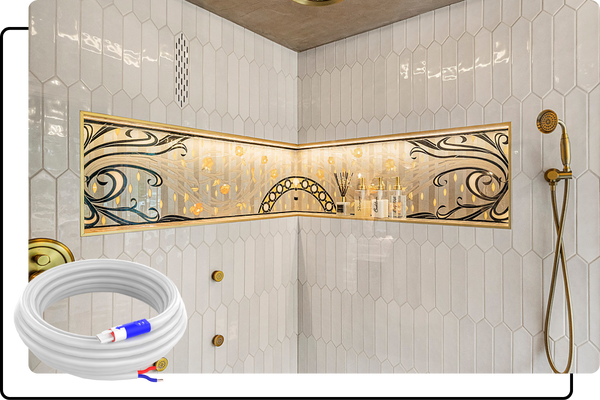 custom gold niche in shower with plug and play wiring 
