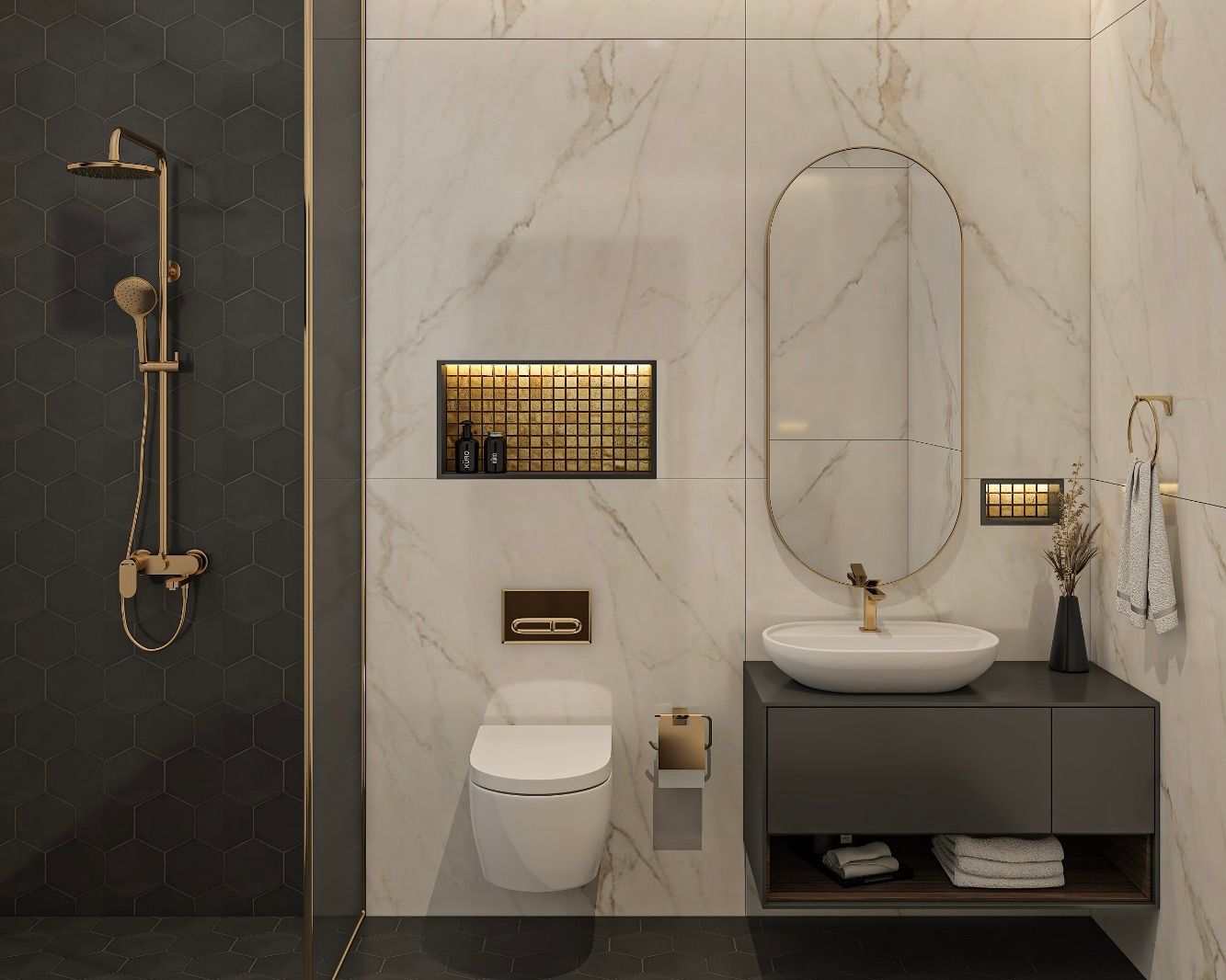 Rich Black and Tan Bathroom with Illuminiche IN2513 and IN85 Niches