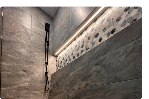 shower with long illuminated shelf