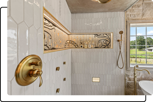 bathroom shower with recessed lit shelf for shower products