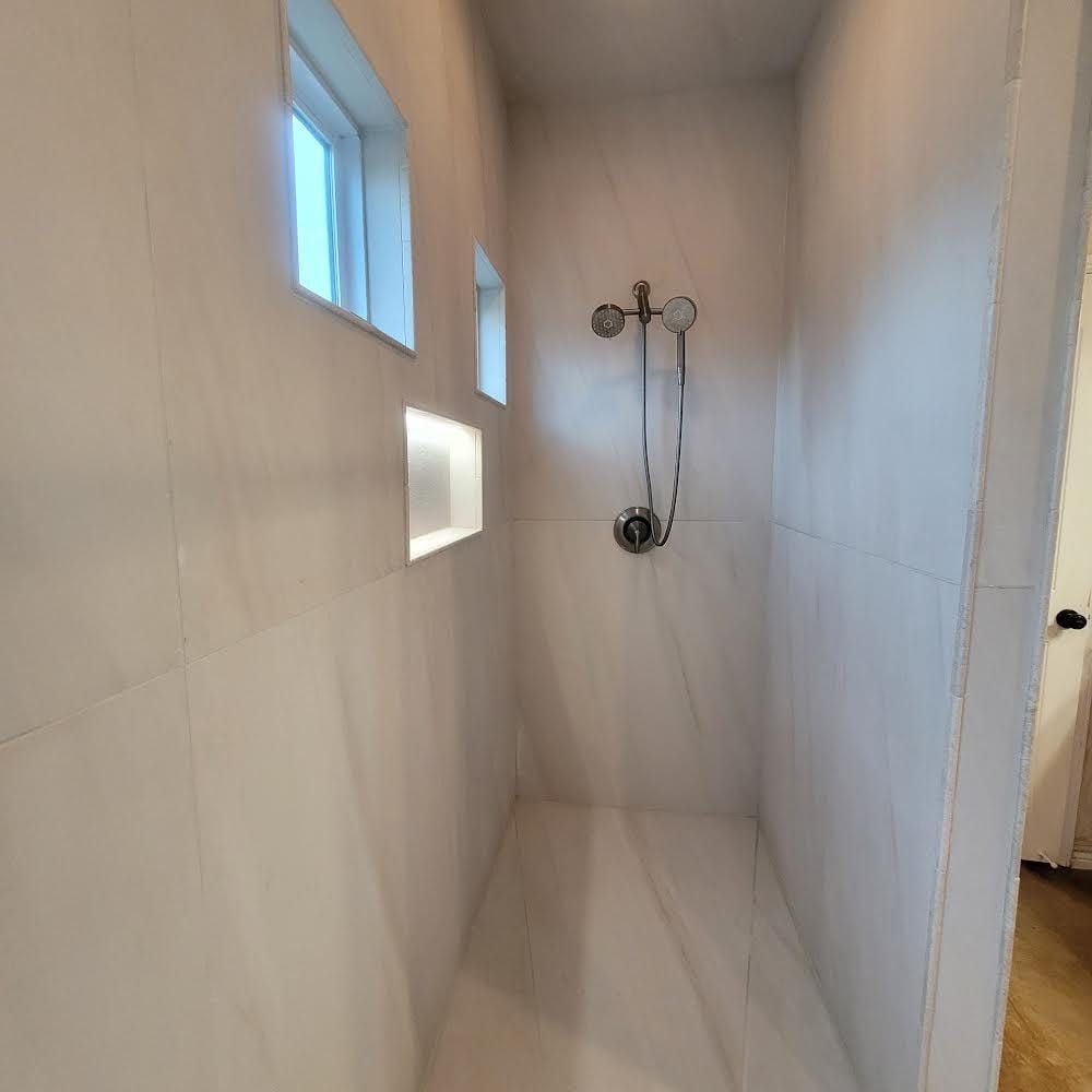 Stylish Beige Sandstone Tile Bathroom with Illuminiche Models