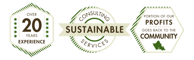 Badge 1: over 20 years experience  Badge 2: portion of our profits goes back to the community  Badge 3: Sustainable consulting and services