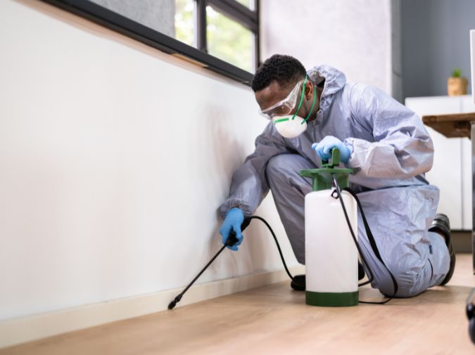 Pest control expert spraying corners of walls