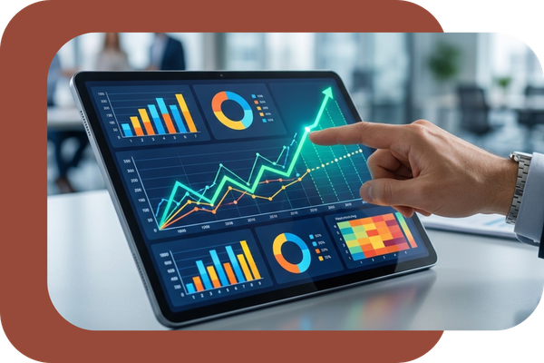 Tablet displaying data charts and predictive analytics for project management.