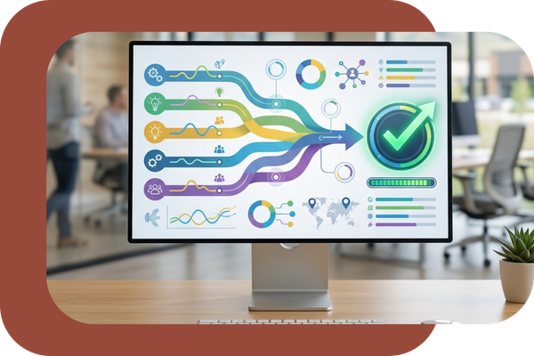 Dashboard showing multiple project streams achieving unified target metrics.