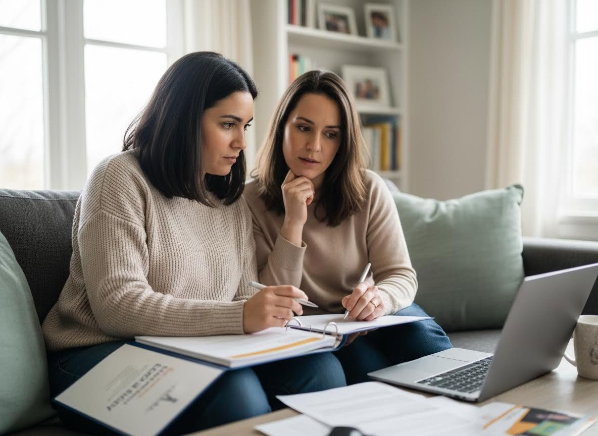 Two women collaborating on documents and laptop at home