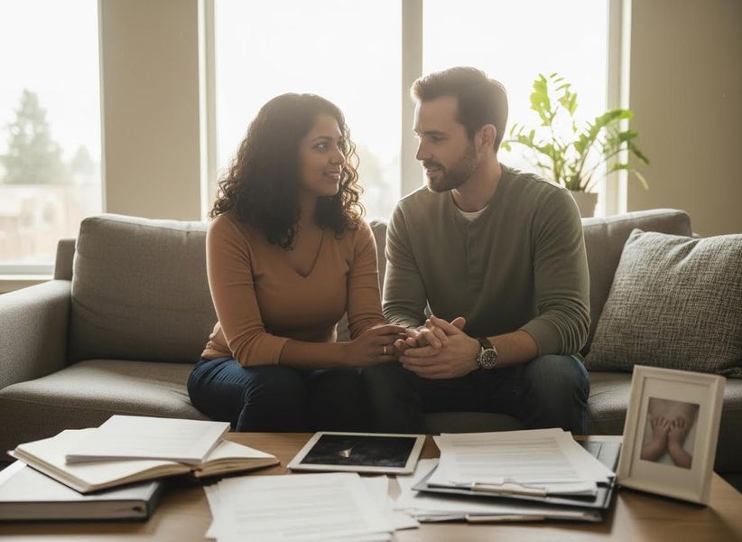 A man and woman sit on a couch, holding hands, engaged in a serious conversation. Documents, a tablet, and a framed baby picture are on the coffee table. Couple Reviewing Documents at Home