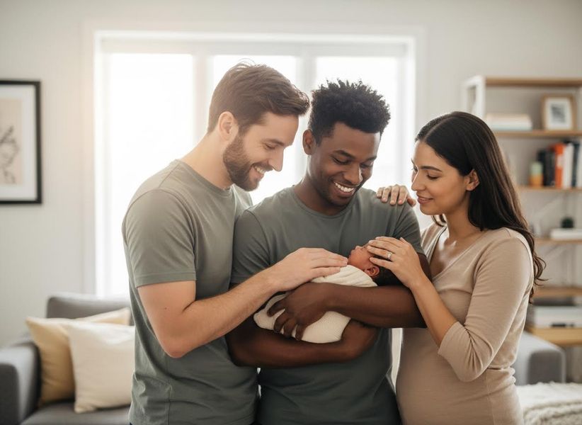 A multi-ethnic family with two men and one woman lovingly embrace their newborn, smiling brightly in a sunlit living room. Diverse family welcoming a newborn